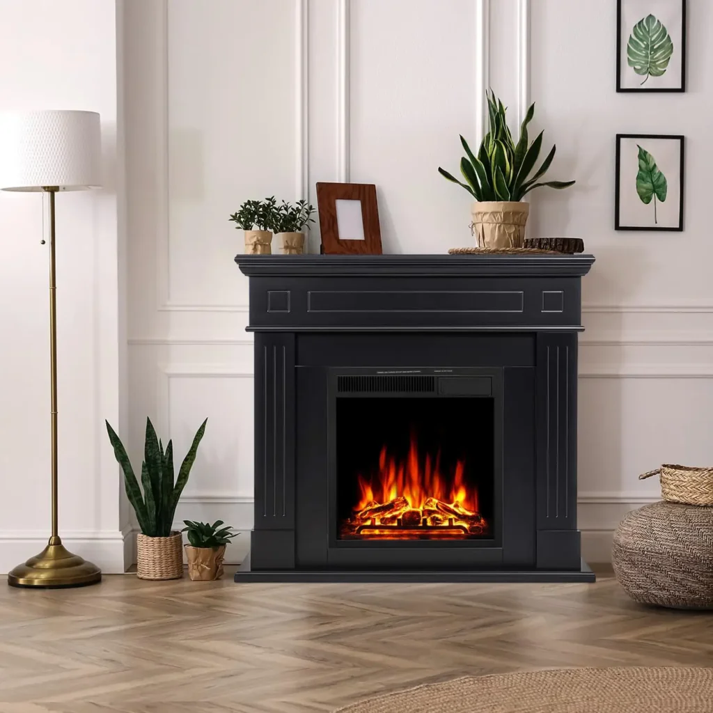 R.W.FLAME Black Electric Fireplace with Wooden Surround Firebox