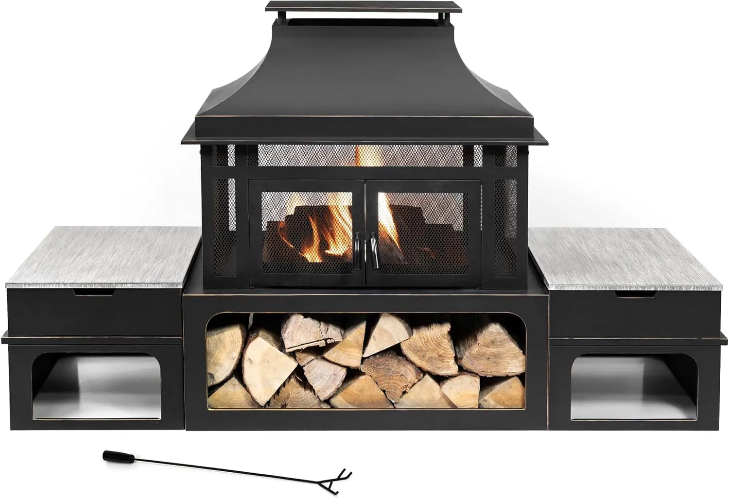 Rimasco 80-Inch Metal Smokeless Wood Burner Fireplace with Side Storage Tables