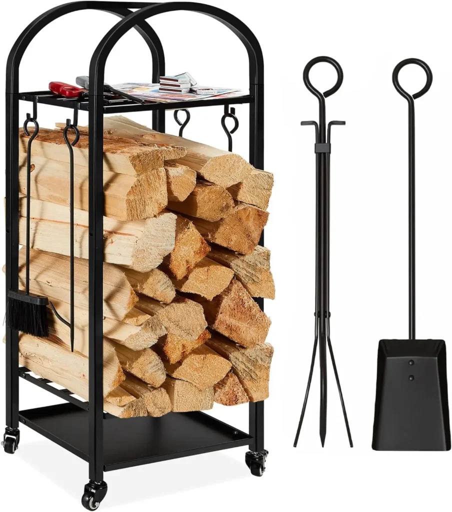 Wrought Iron Firewood Indoor Log Rack with Tools Wheels