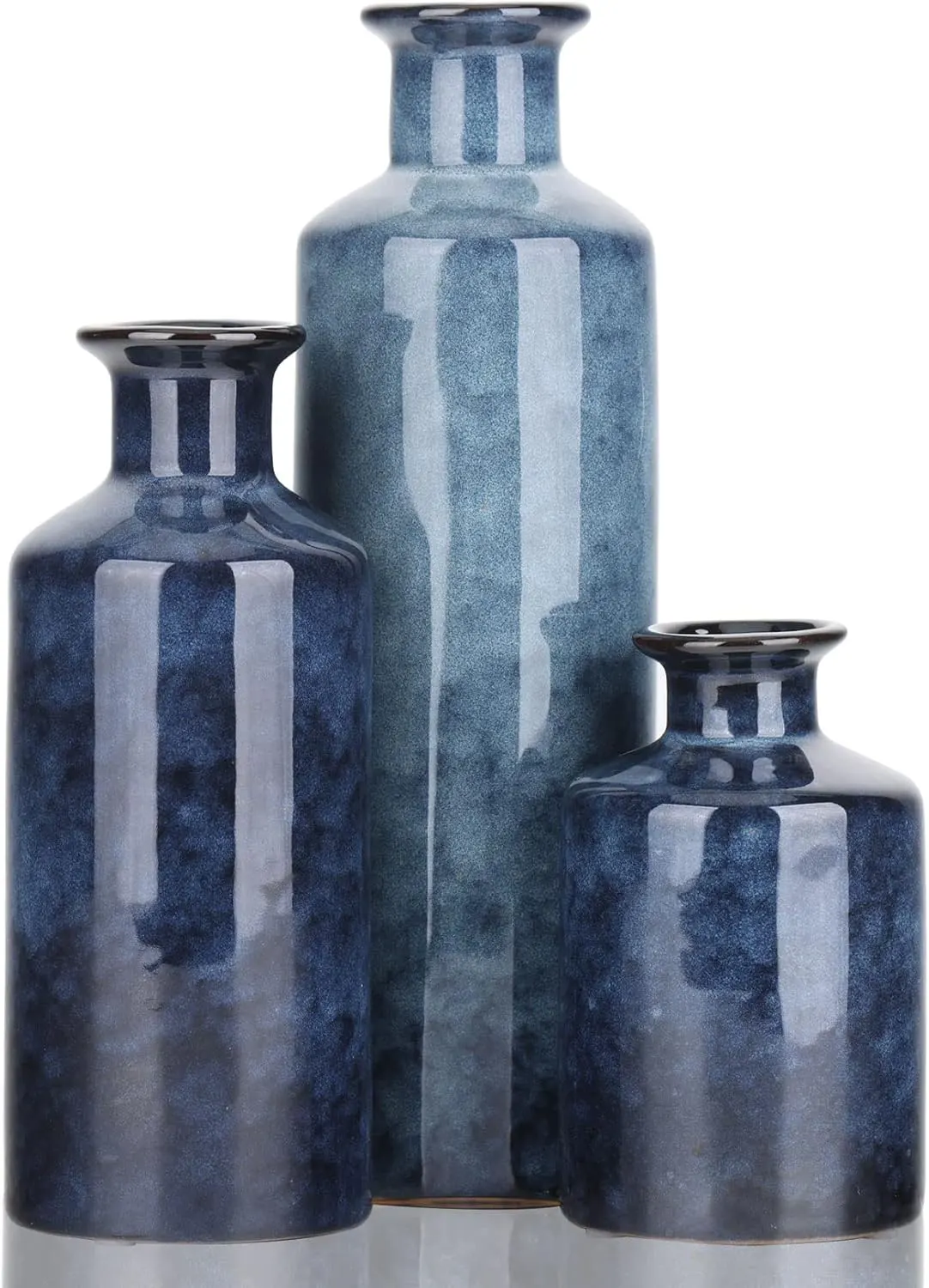 Blue Ceramic Vases Set - 3 Blue Small Vases for Fireplace Decor