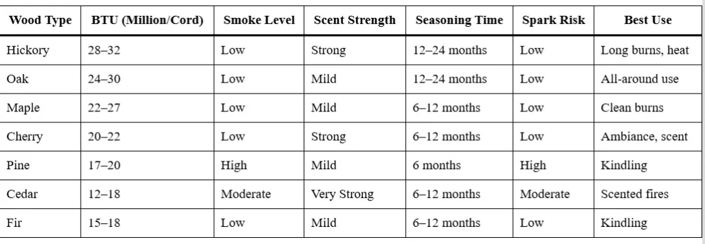 Best wood for fire pits chart